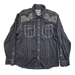 Roar Buckle Affliction Button Down Shirt Black Embroidered X-Large Flap Pockets